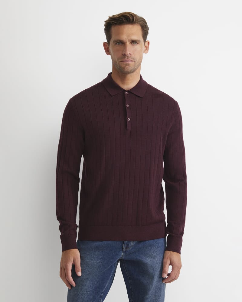 Angus Merino Long Sleeve Knit Polo in BURGUNDY