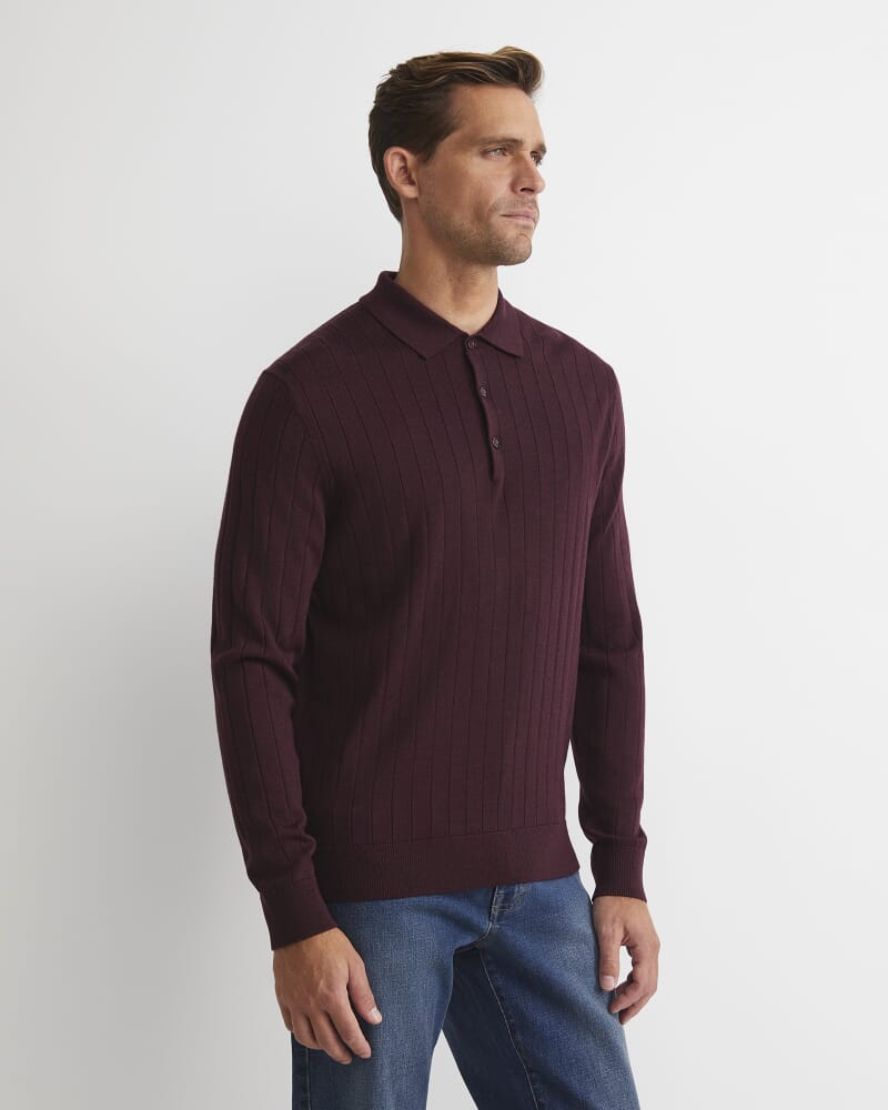 Angus Merino Long Sleeve Knit Polo in BURGUNDY