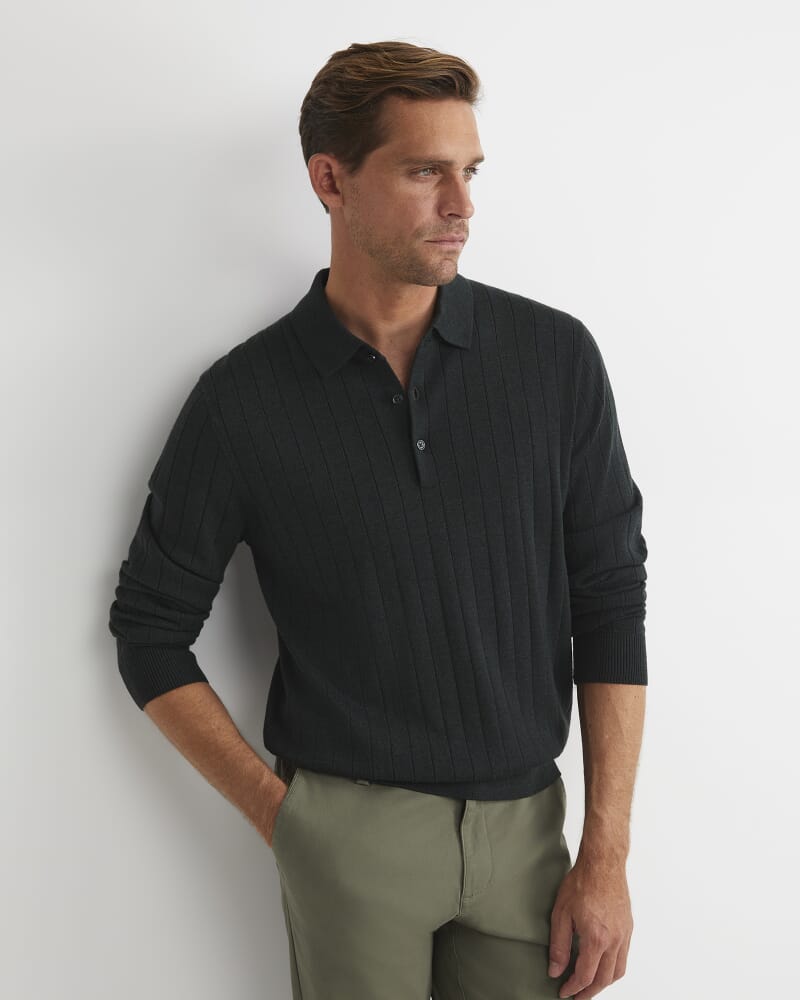 Angus Merino Long Sleeve Knit Polo in FOREST