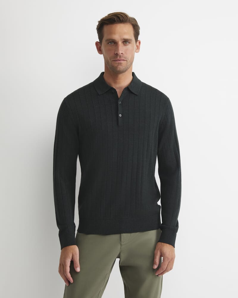 Angus Merino Long Sleeve Knit Polo in FOREST