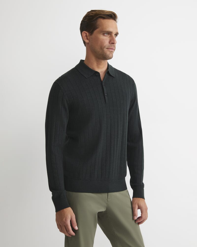 Angus Merino Long Sleeve Knit Polo in FOREST