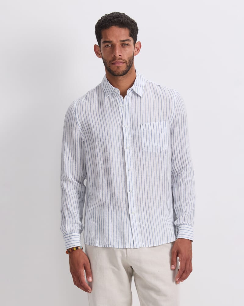 Marco Long Sleeve Linen Stripe Shirt in WHITE/BLUE