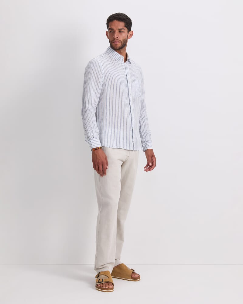 Marco Long Sleeve Linen Stripe Shirt in WHITE/BLUE