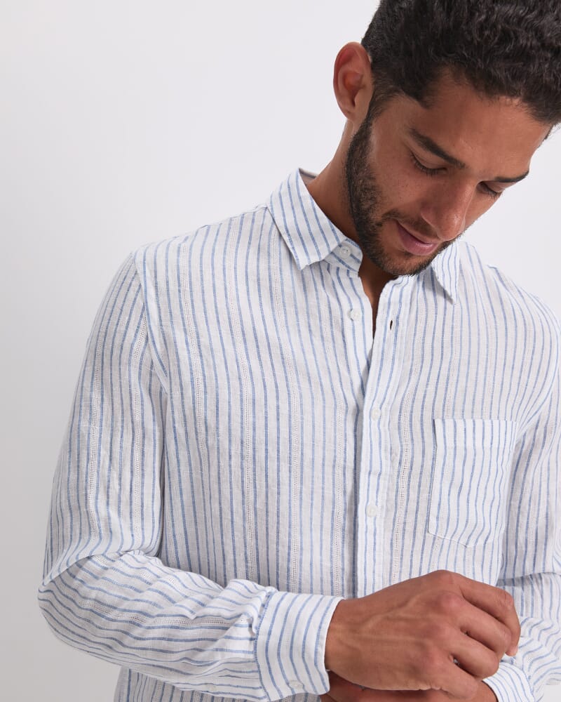 Marco Long Sleeve Linen Stripe Shirt in WHITE/BLUE