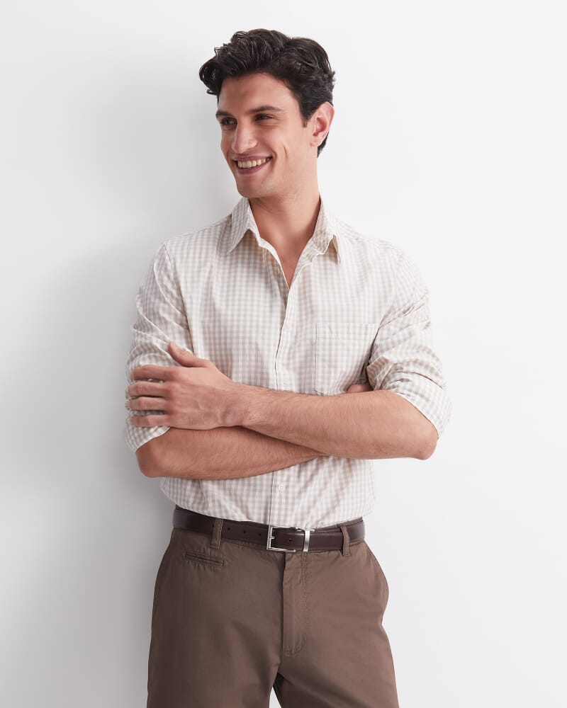 Thomas Long Sleeve Gingham Shirt in FAWN