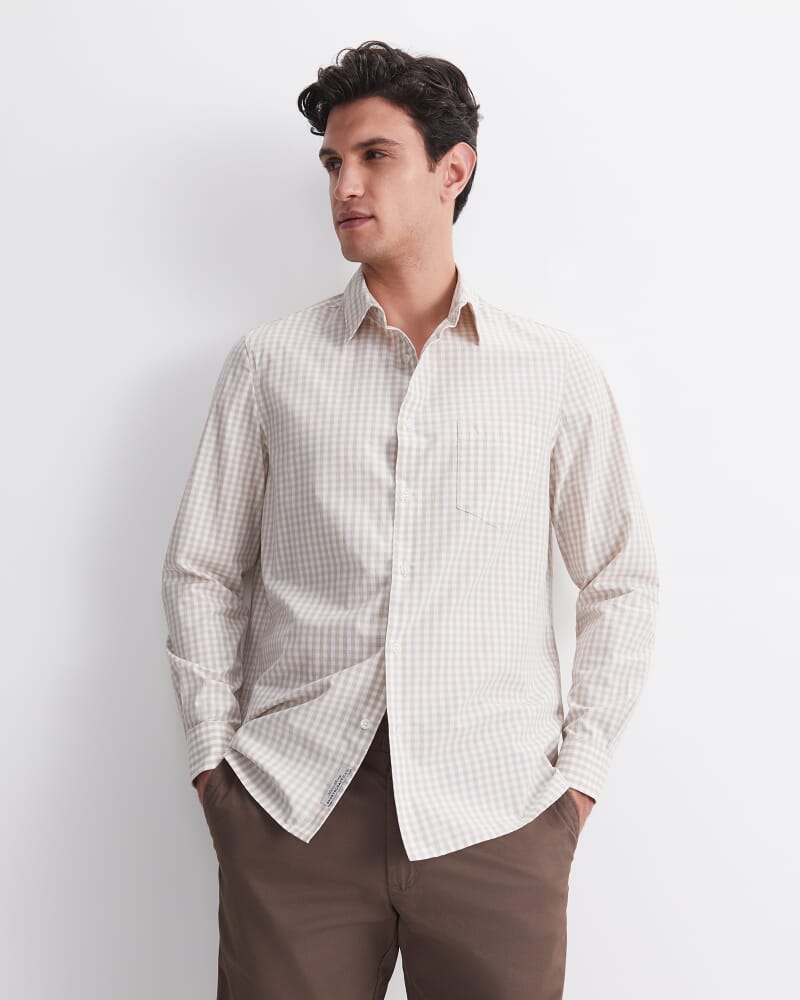 Thomas Long Sleeve Gingham Shirt in FAWN