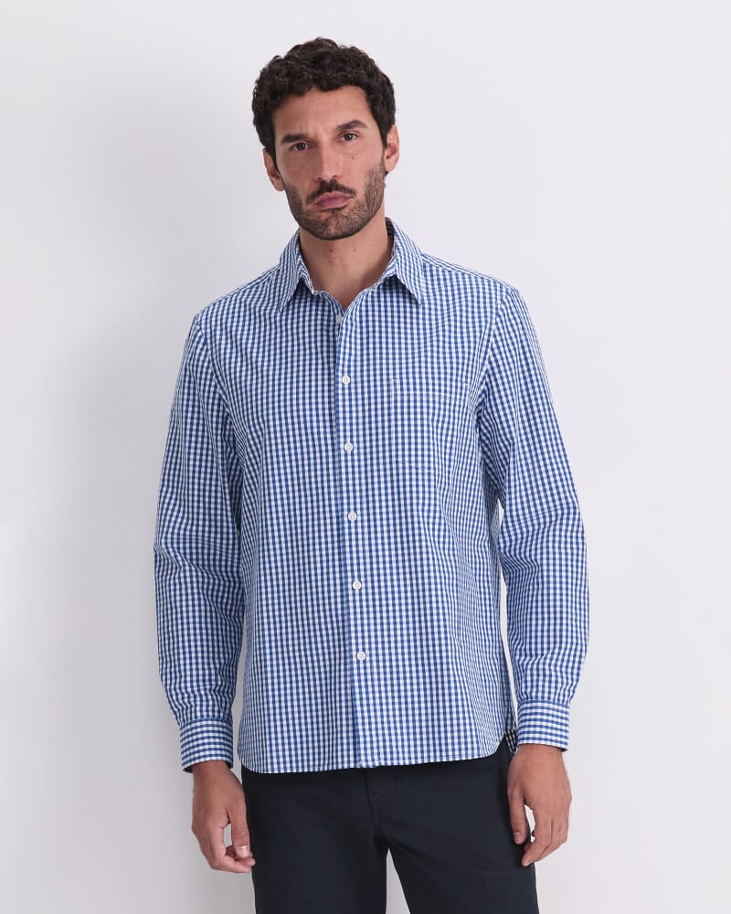 Thomas Long Sleeve Gingham Shirt in WHITE/COBALT
