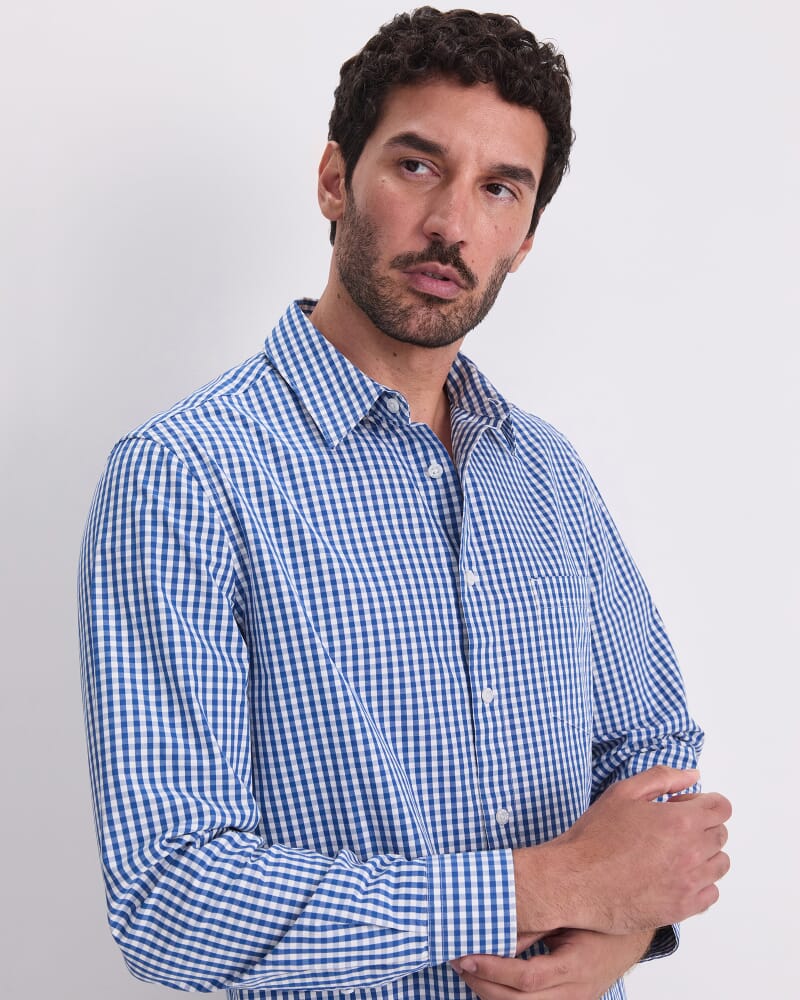 Thomas Long Sleeve Gingham Shirt in WHITE/COBALT