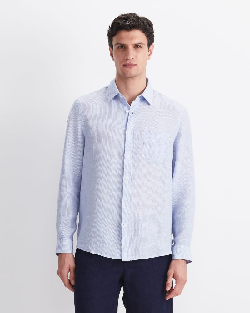 Vinnie Long Sleeve Linen Shirt in BLUE/WHITE