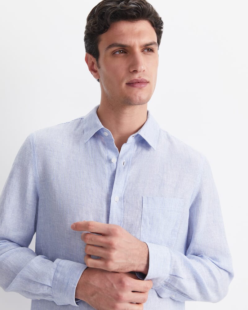 Vinnie Long Sleeve Linen Shirt in BLUE/WHITE