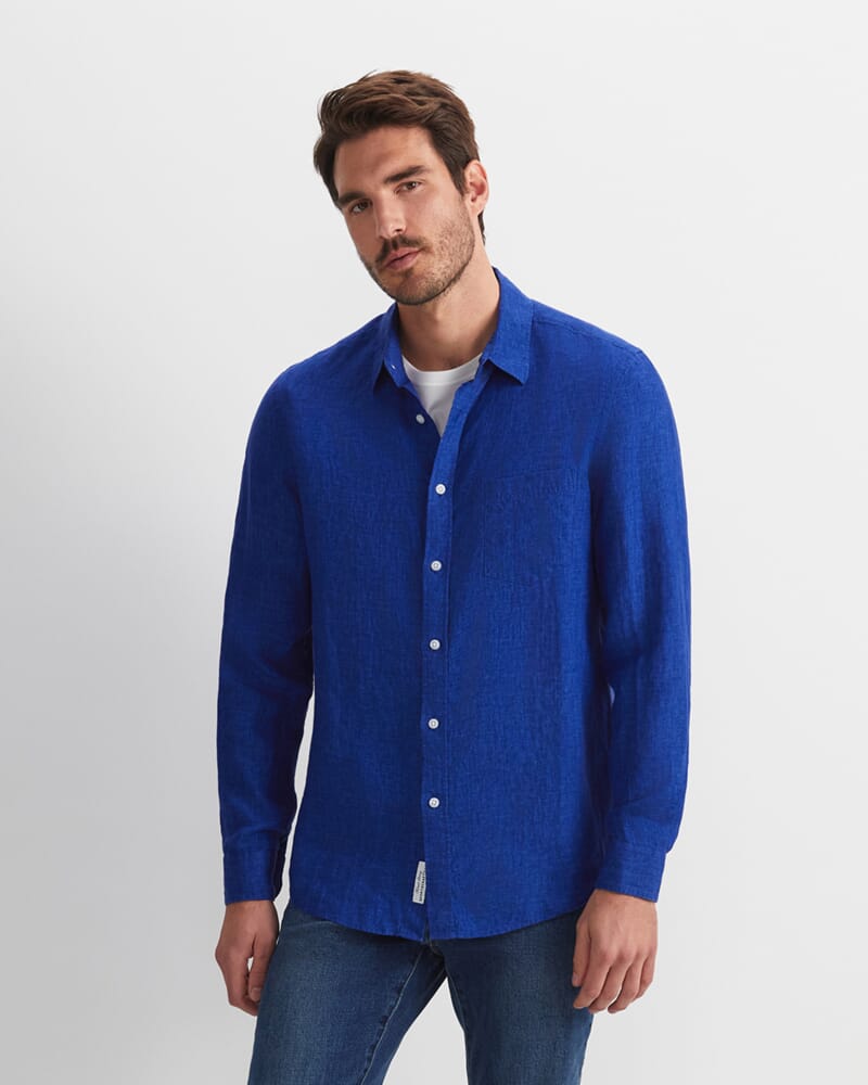 Linen Long Sleeve Delave Shirt in BLUE INDIGO