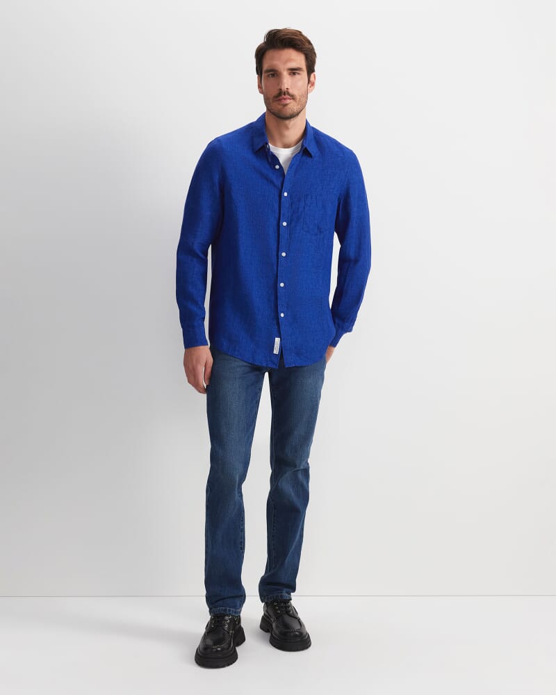 Linen Long Sleeve Delave Shirt in BLUE INDIGO