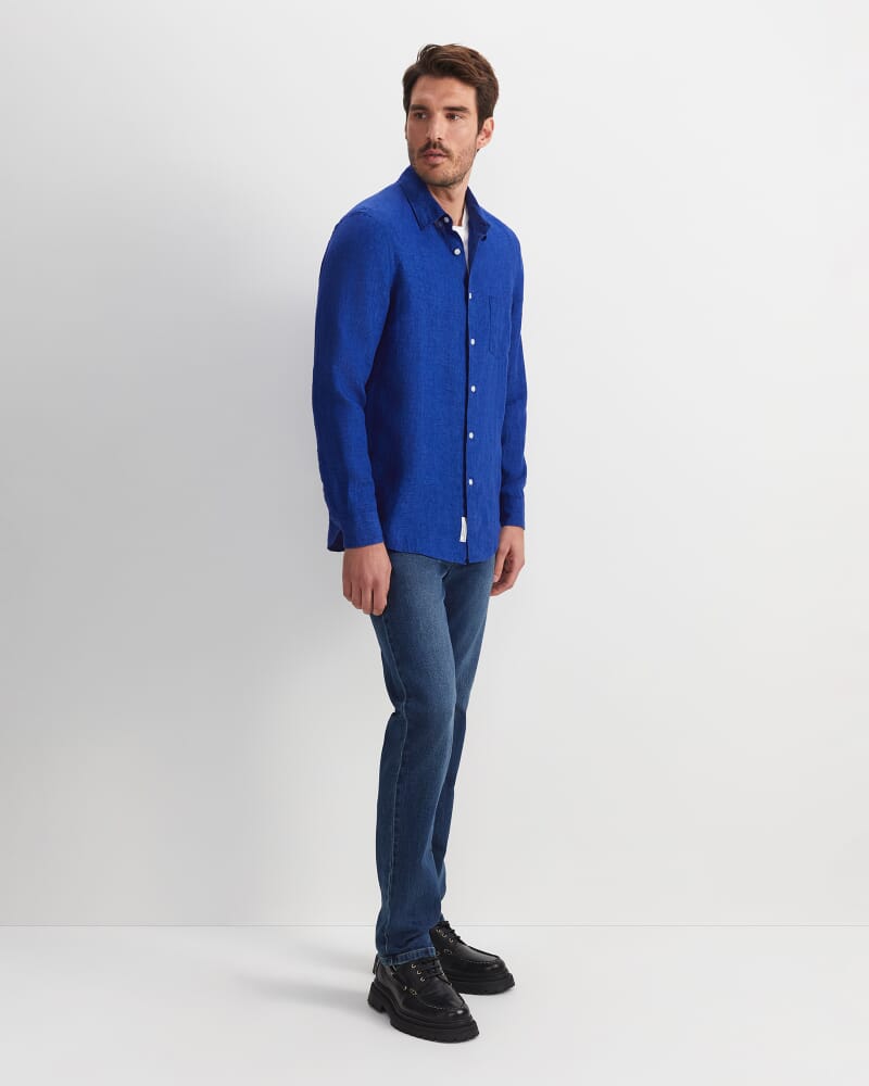 Linen Long Sleeve Delave Shirt in BLUE INDIGO