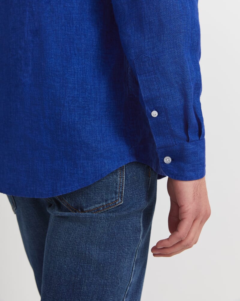 Linen Long Sleeve Delave Shirt in BLUE INDIGO