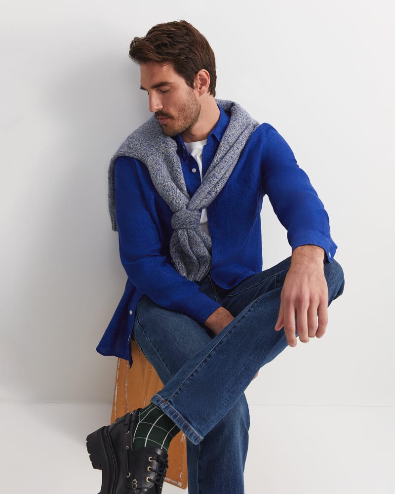 Linen Long Sleeve Delave Shirt in BLUE INDIGO