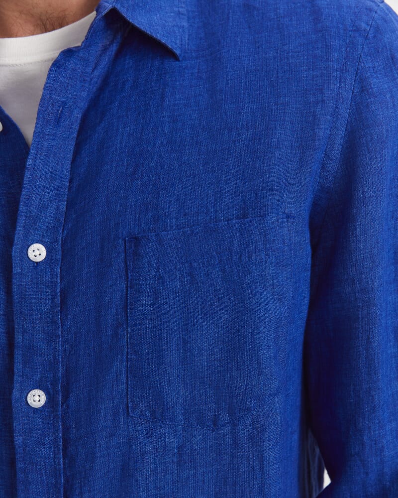 Linen Long Sleeve Delave Shirt in BLUE INDIGO