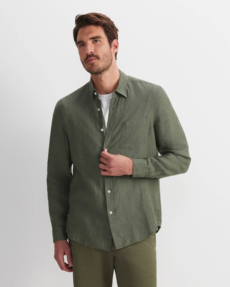 Linen Long Sleeve Delave Shirt in KHAKI
