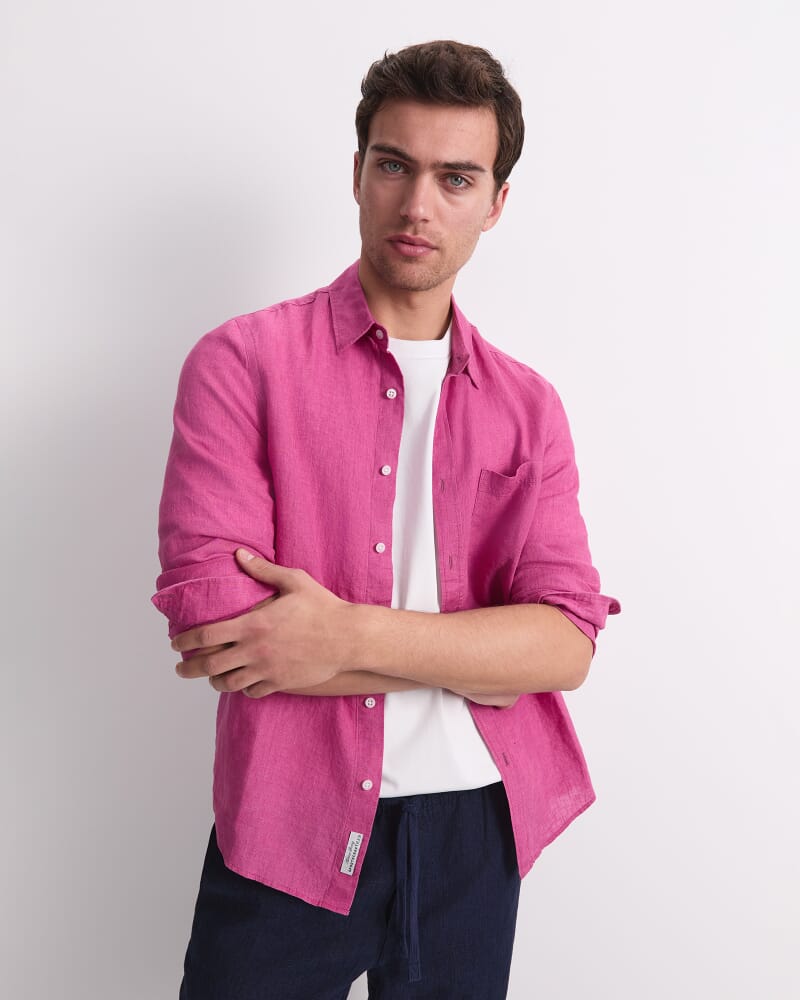 Linen Long Sleeve Delave Shirt in MAGENTA