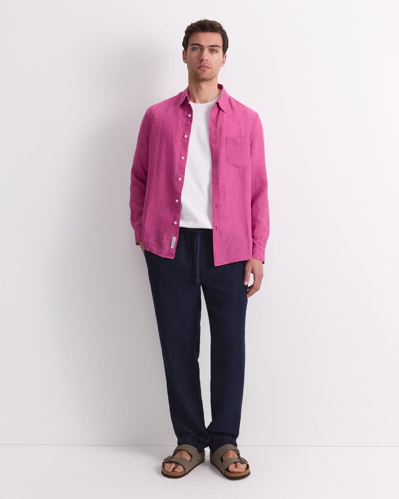 Linen Long Sleeve Delave Shirt in MAGENTA