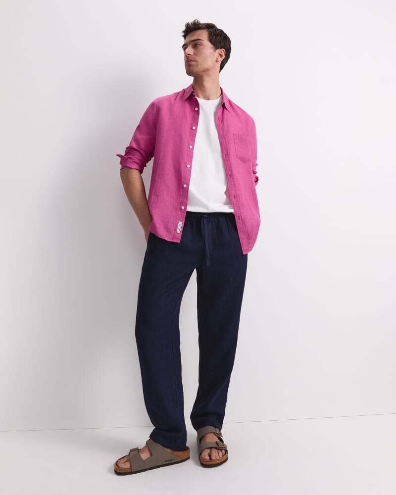 Linen Long Sleeve Delave Shirt in MAGENTA