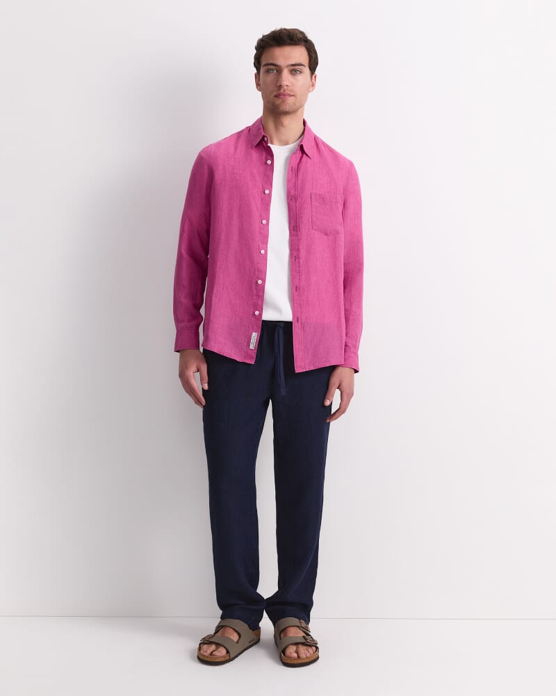 Linen Long Sleeve Delave Shirt in MAGENTA