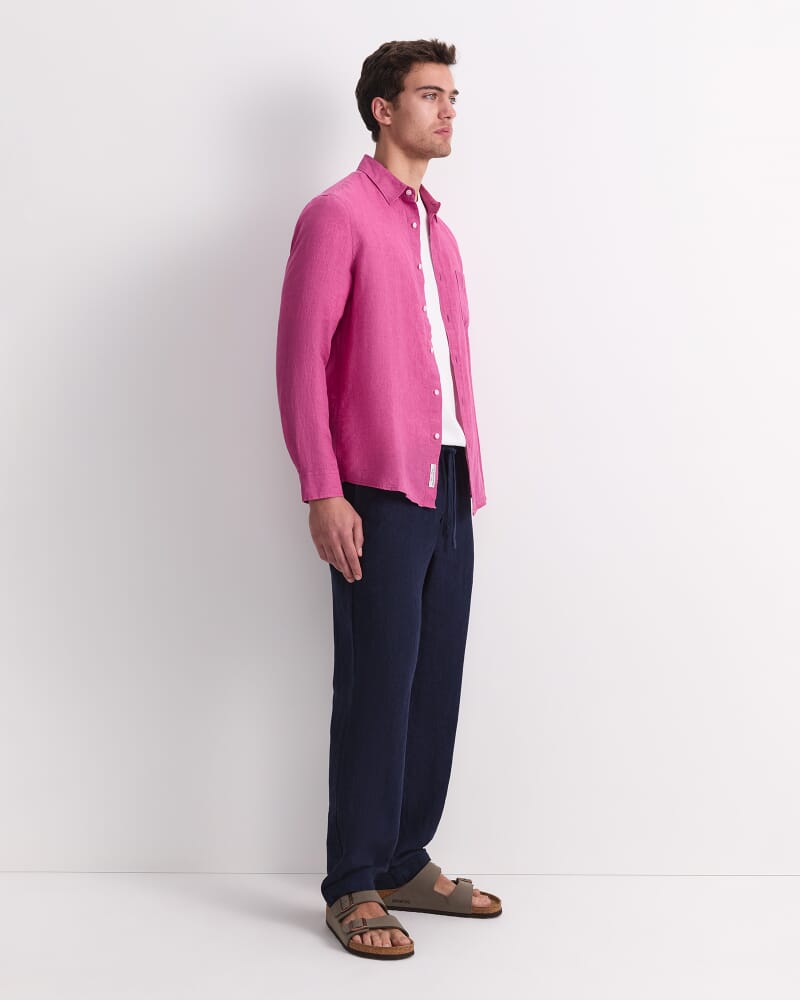 Linen Long Sleeve Delave Shirt in MAGENTA
