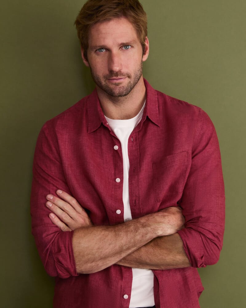 Linen Long Sleeve Delave Shirt in WINE