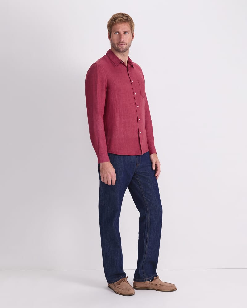 Linen Long Sleeve Delave Shirt in WINE
