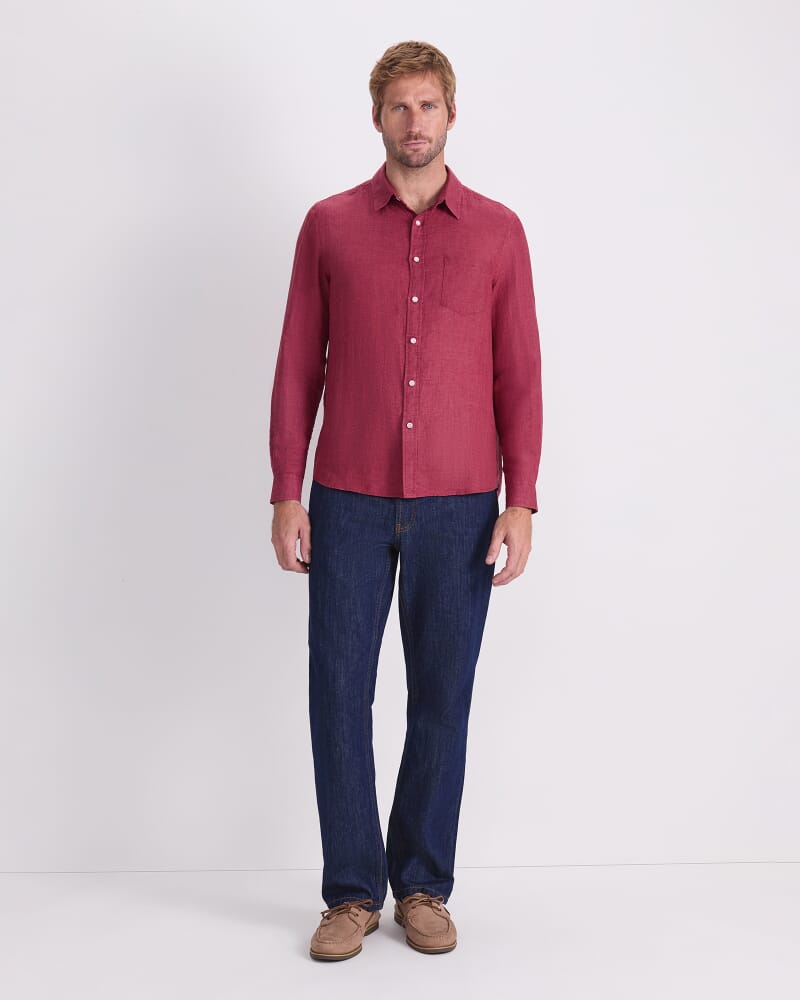 Linen Long Sleeve Delave Shirt in WINE