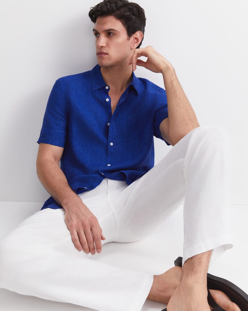 Short Sleeve Delave Linen Shirt in BLUE INDIGO