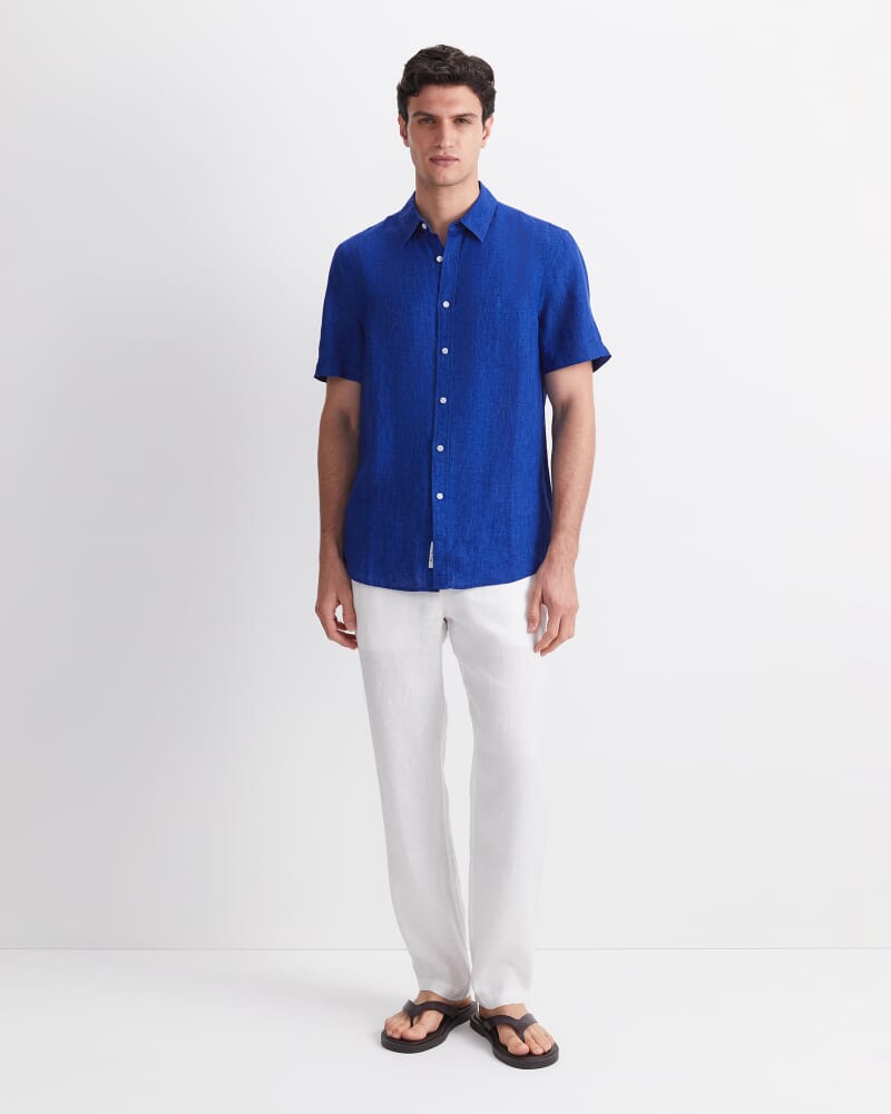 Short Sleeve Delave Linen Shirt in BLUE INDIGO