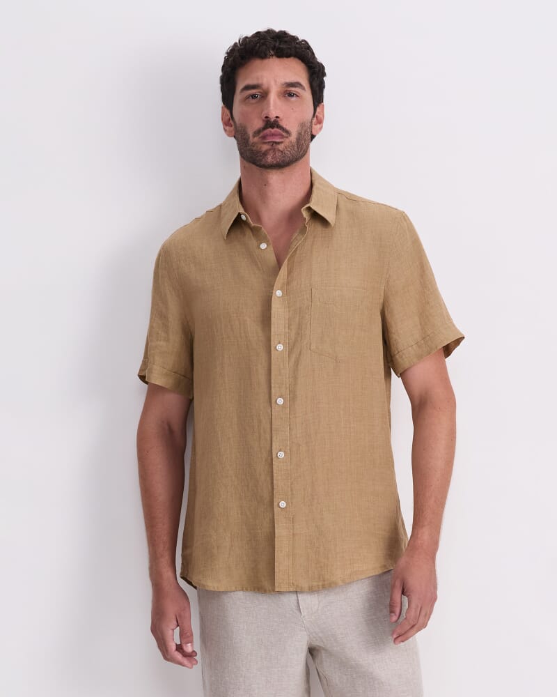 Short Sleeve Delave Linen Shirt in KELP