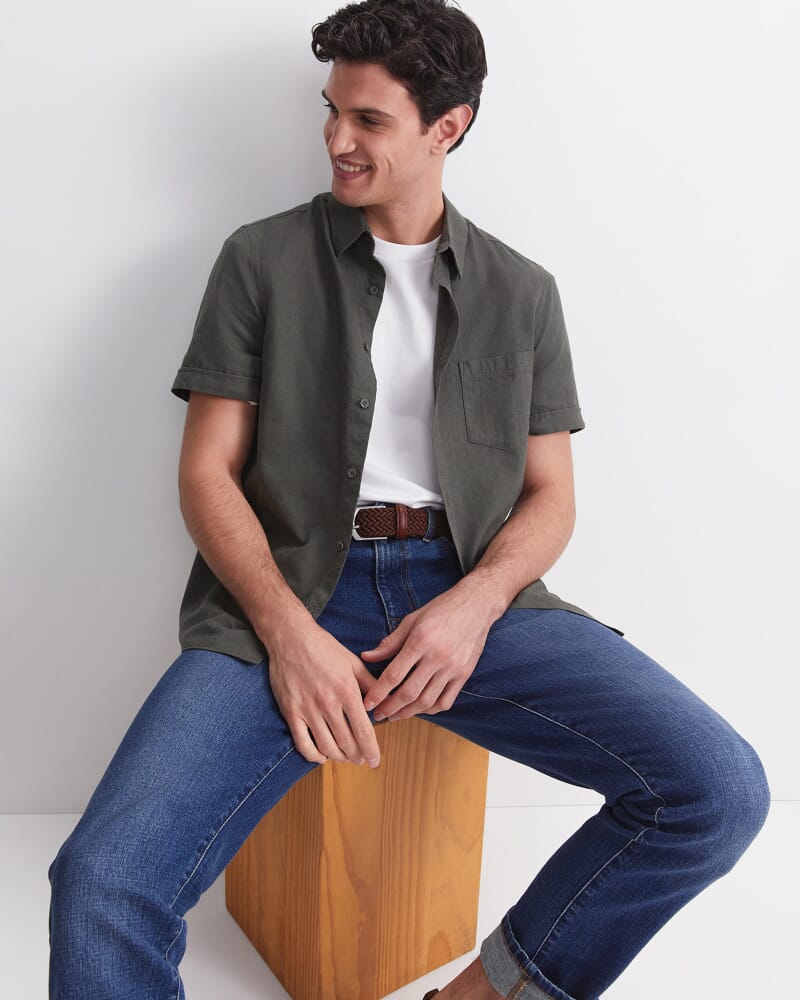Short Sleeve Delave Linen Shirt in KHAKI