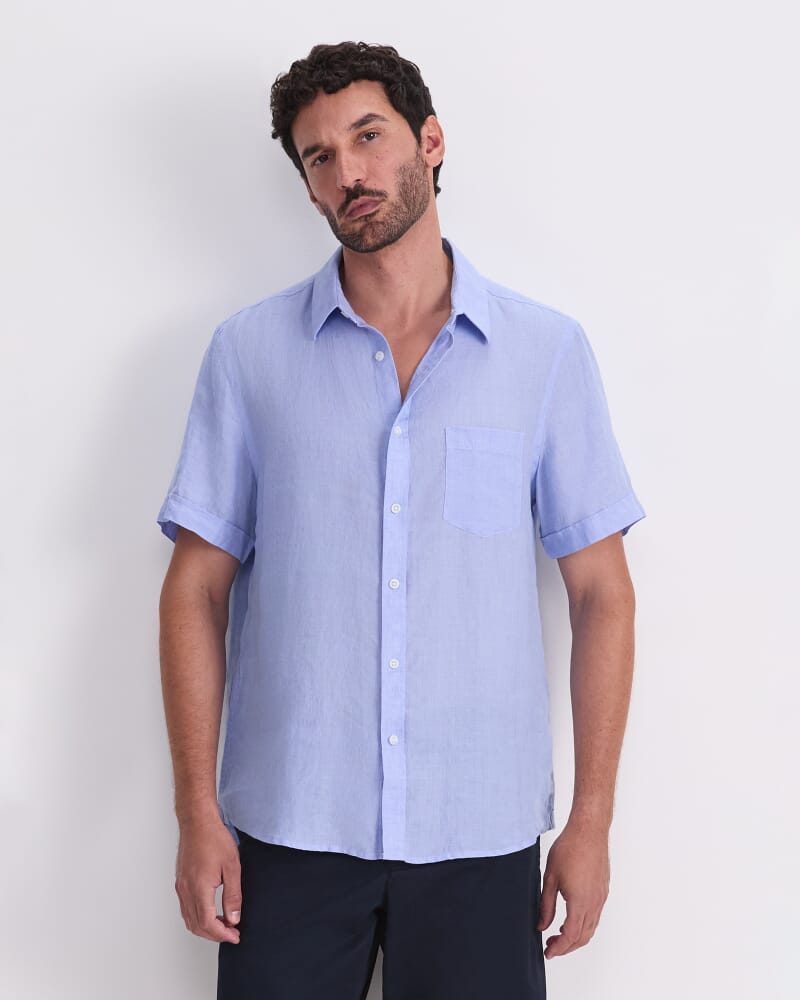 Short Sleeve Delave Linen Shirt in LIGHT BLUE