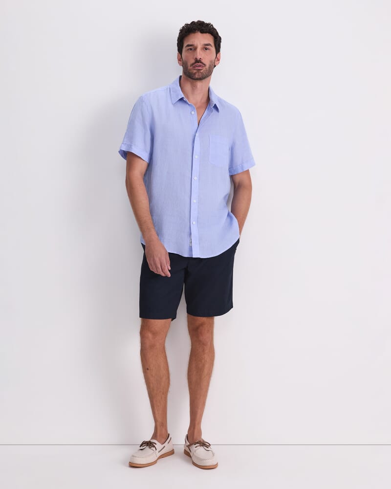 Short Sleeve Delave Linen Shirt in LIGHT BLUE