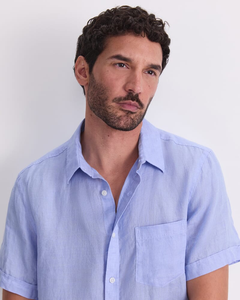 Short Sleeve Delave Linen Shirt in LIGHT BLUE