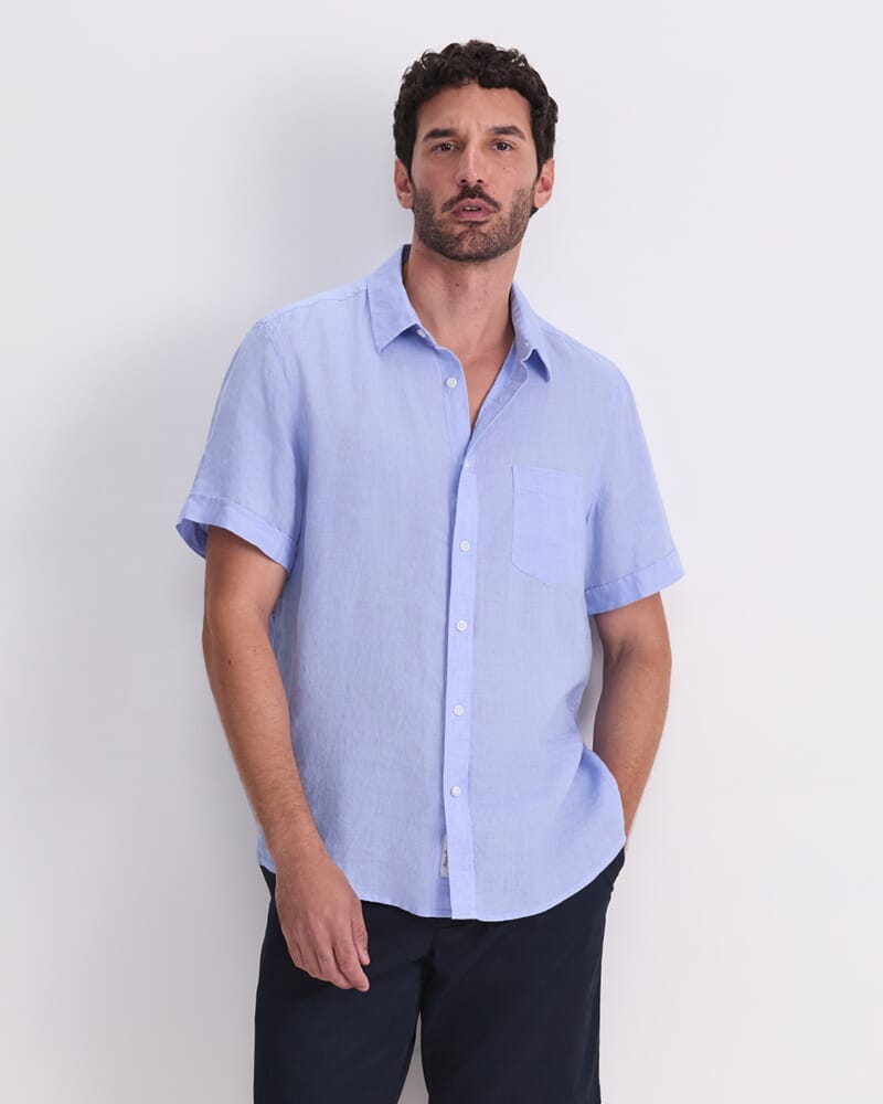 Short Sleeve Delave Linen Shirt in LIGHT BLUE