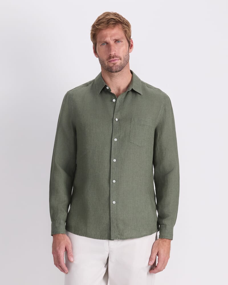 Long Sleeve Linen Yarn-Dyed Shirt in ARMY GREEN