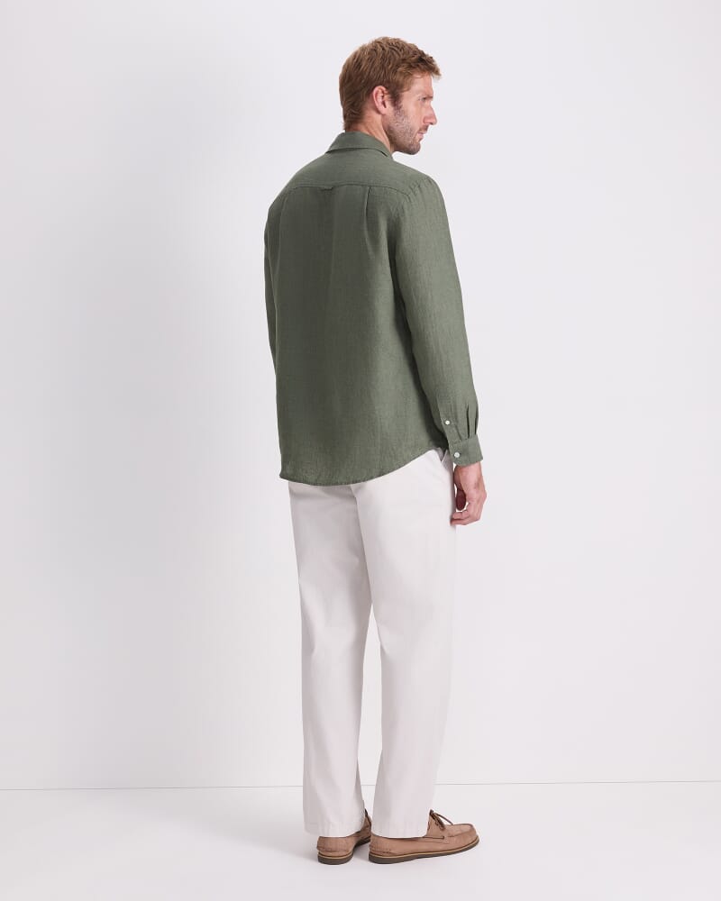 Long Sleeve Linen Yarn-Dyed Shirt in ARMY GREEN