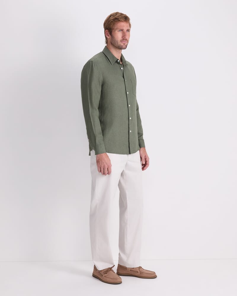 Long Sleeve Linen Yarn-Dyed Shirt in ARMY GREEN