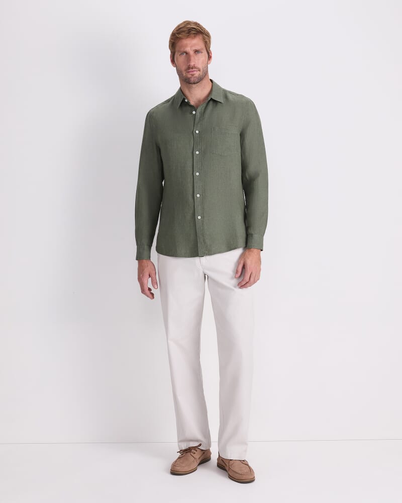 Long Sleeve Linen Yarn-Dyed Shirt in ARMY GREEN