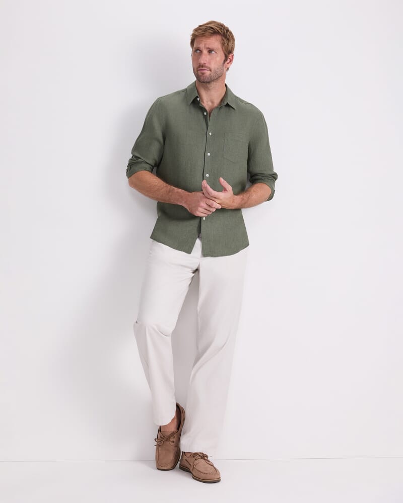 Long Sleeve Linen Yarn-Dyed Shirt in ARMY GREEN