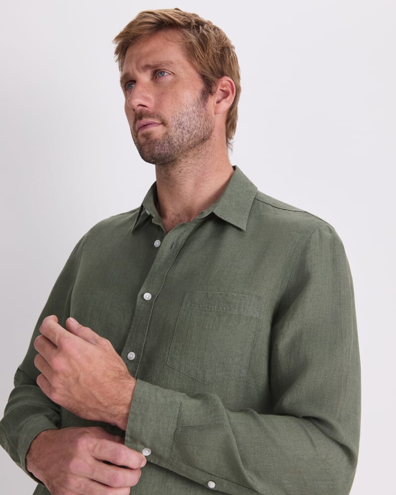 Long Sleeve Linen Yarn-Dyed Shirt in ARMY GREEN