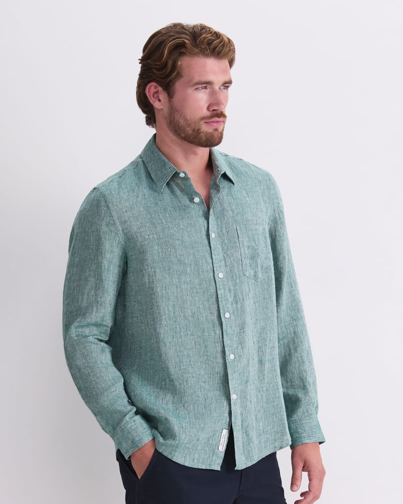 Long Sleeve Linen Yarn-Dyed Shirt in MALACHITE