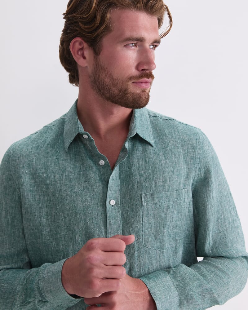 Long Sleeve Linen Yarn-Dyed Shirt in MALACHITE