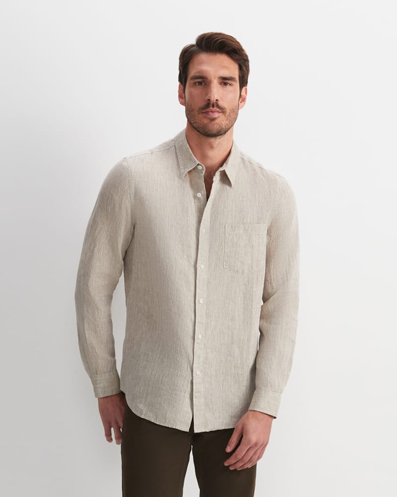 Long Sleeve Linen Yarn-Dyed Shirt in STRING