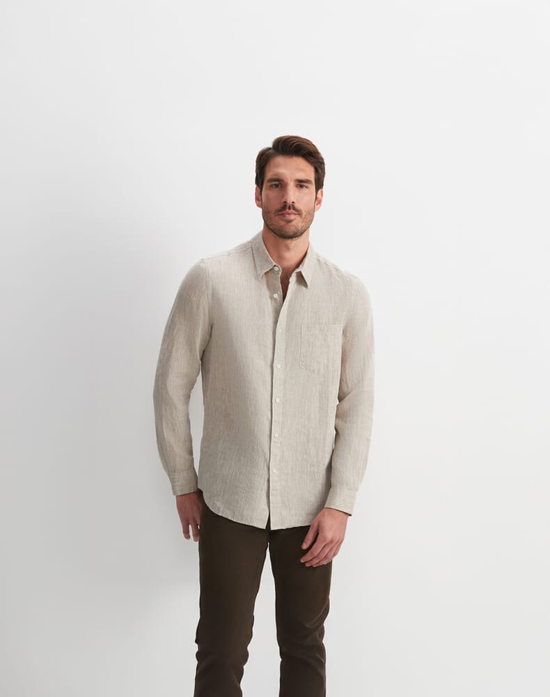 Long Sleeve Linen Yarn-Dyed Shirt in STRING