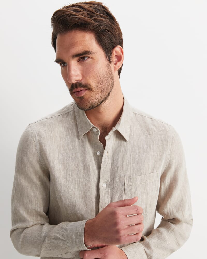 Long Sleeve Linen Yarn-Dyed Shirt in STRING