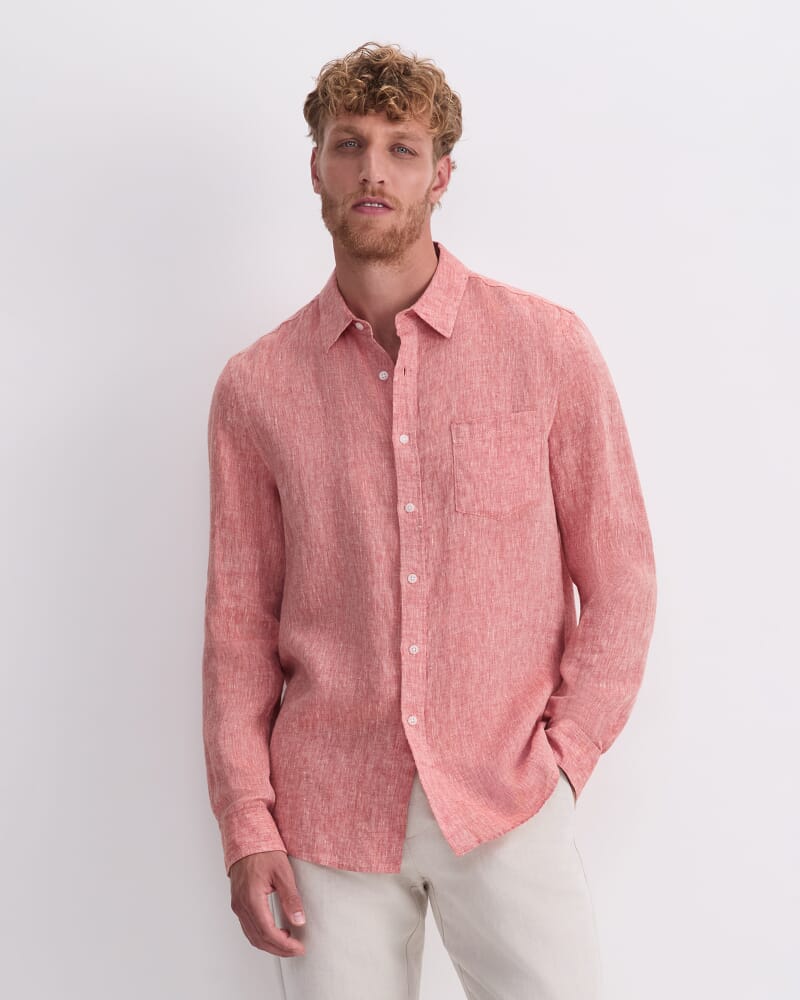 Long Sleeve Linen Yarn-Dyed Shirt in TERRACOTTA