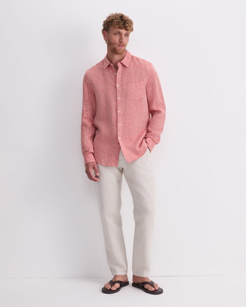 Long Sleeve Linen Yarn-Dyed Shirt in TERRACOTTA